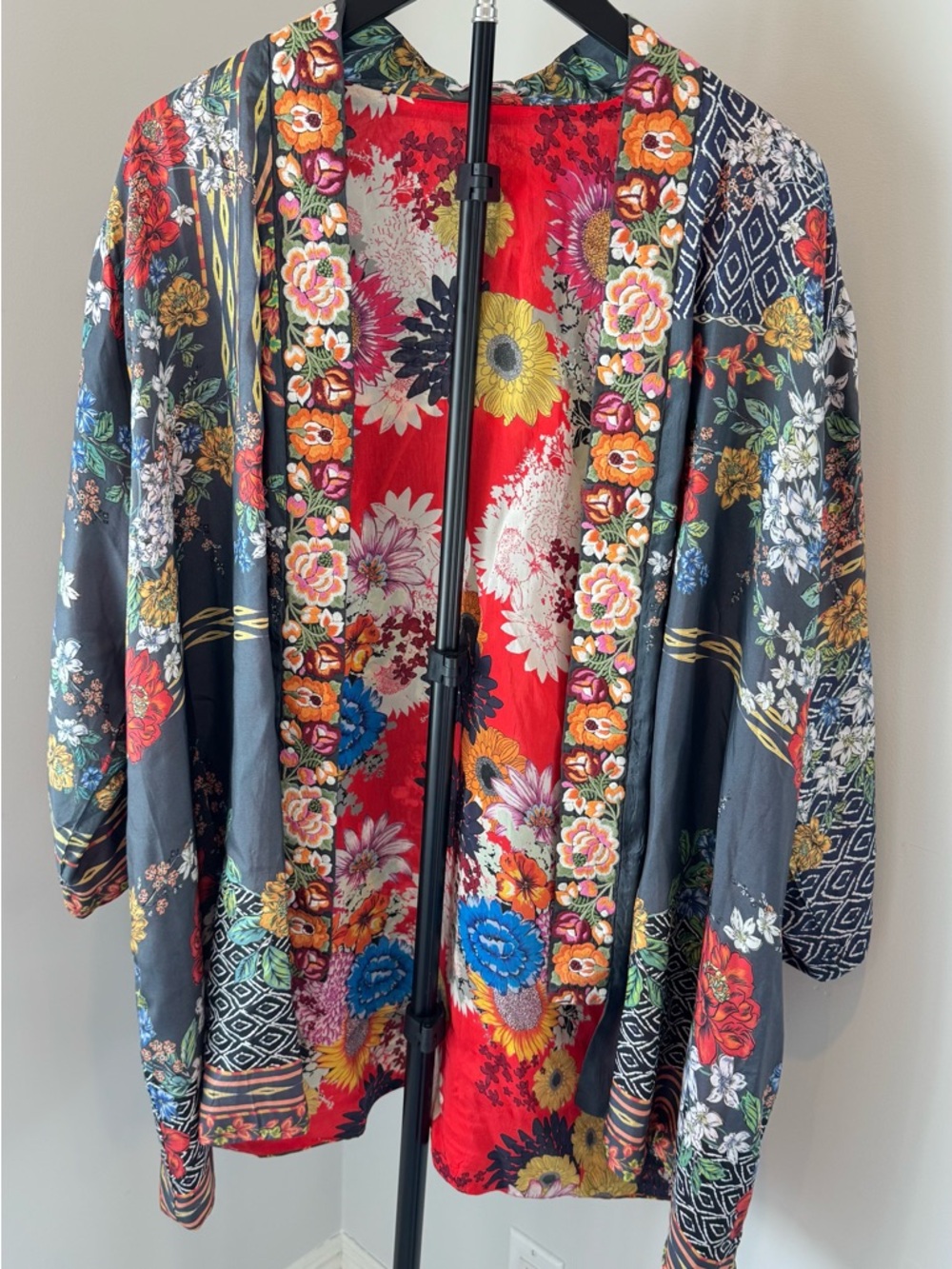 Johnny Was Multicolor Floral Open Kimono Jacket - Black & Red